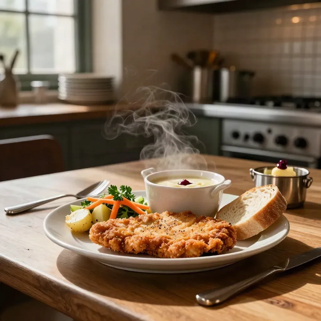 Schnitzel mit Kartoffeln, Karottensalat und Suppe auf Steingut, frisch im Mittagslicht.