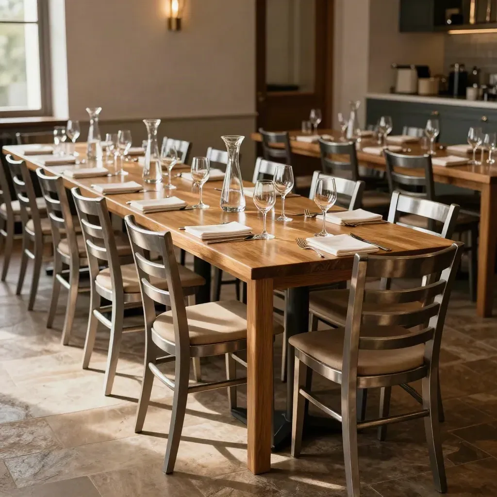 Eingedeckte Restauranttische mit Gläsern und Wasserkrügen im warmen Nachmittagslicht.