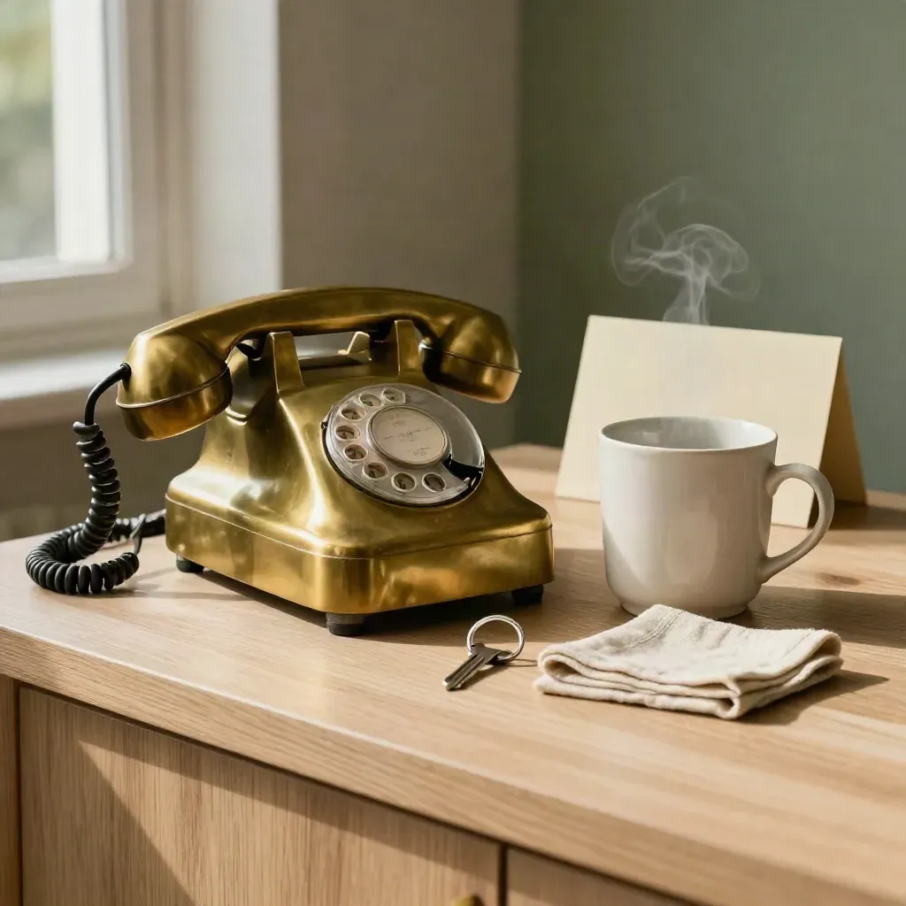Retro-Telefon, Tasse und Schlüsselring auf heller Holzkonsole im Seitenlicht