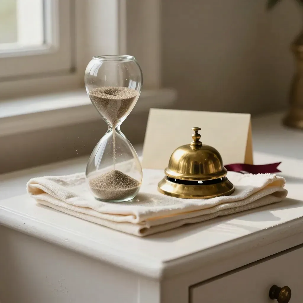 Sanduhr, Tischklingel und Leinenserviette auf hellem Sideboard, mit sanftem Licht.