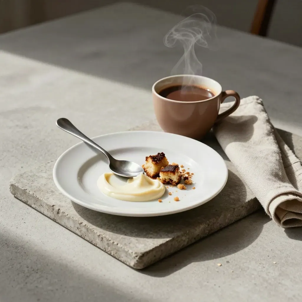 Dessertteller mit Löffel, Kaffeetasse und Leinenserviette auf Steinplatte