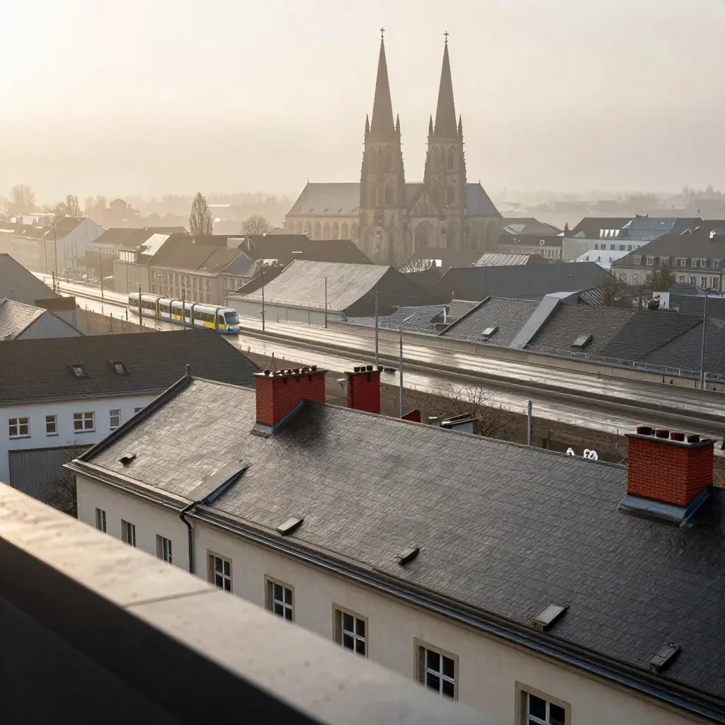 Dortmund von oben mit Reinoldikirche, nassen Dächern und Morgennebel.